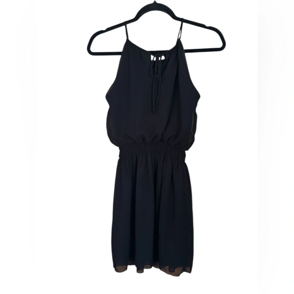 Sweet Storm Halter Neck Smocking Waist Mini Dress. Black, Size Small